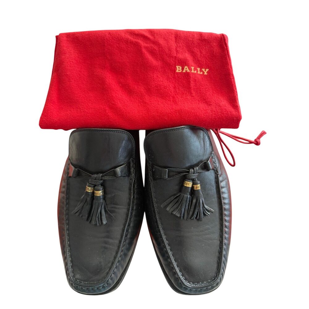 Bally Switzerland Men’s Black Leather Tassel Loafers Slip On Shoes w/ Dust Bag